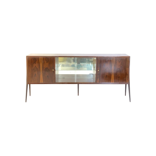 Brazilian Rosewood Narrow Sideboard with Scissor Legs and Glass Sliding Doors