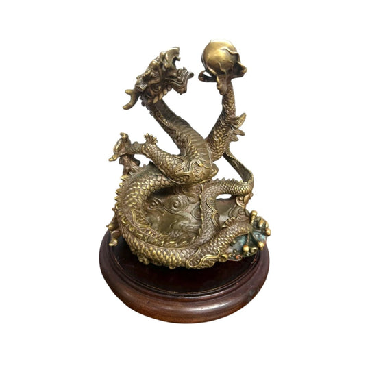 Bronze Chinese Dragon On A Wooden Stand