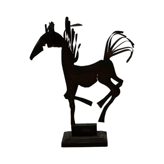 Brutalist style metal horse sculpture with intentional patina