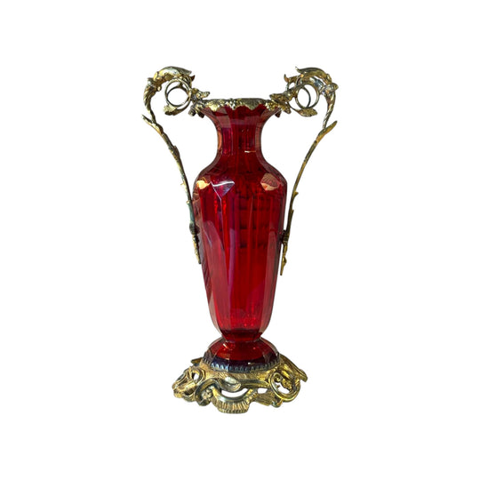 19th-Century Faceted Ruby Glass Vase with Gilt-Metal Mounts and Scrolling Foliate Handles