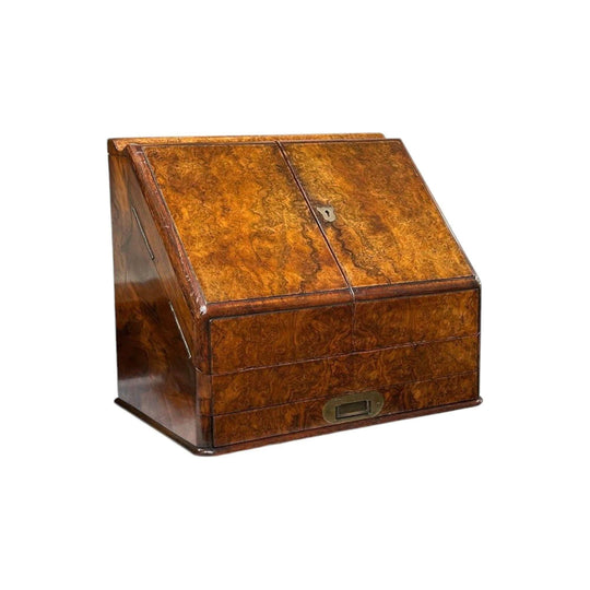 Burr walnut stationery box with calendar and drawer