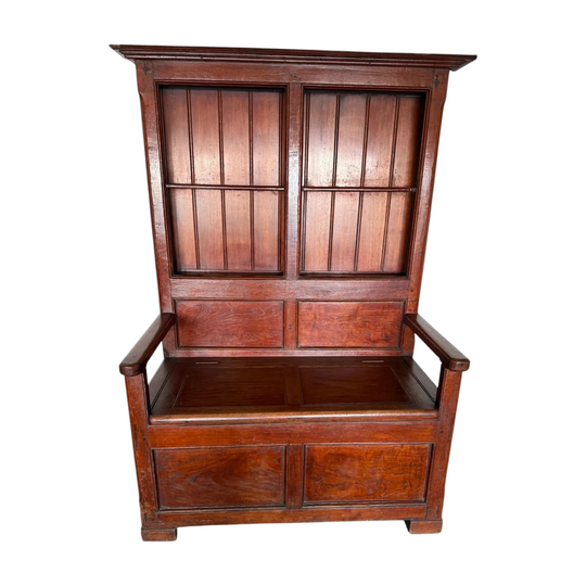 Antique Oak Wainscot Settle Bench - Storage Seat With Shelves