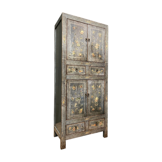 Chinese Grey Lacquered Storage Cabinet, Floral Panels