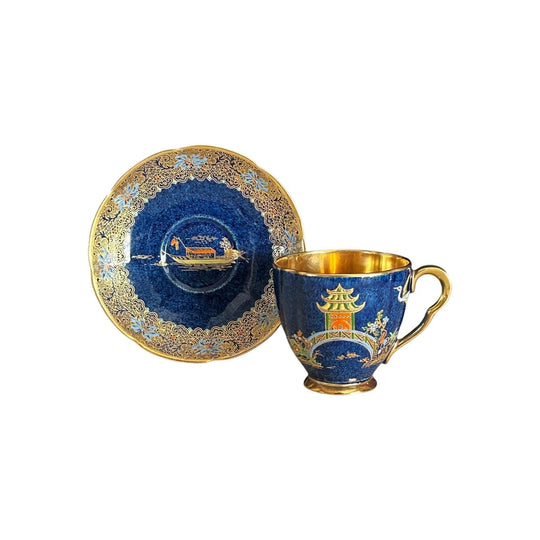 Carlton Ware Pagoda 1930s Art Deco era enamel and gilt on porcelain demitasse cup and saucer