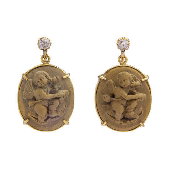 Carved Lava Cameo & Diamond Drop Earrings