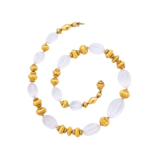 Carved Rock Crystal and Gold Leaf 'Lantern' Bead Necklace