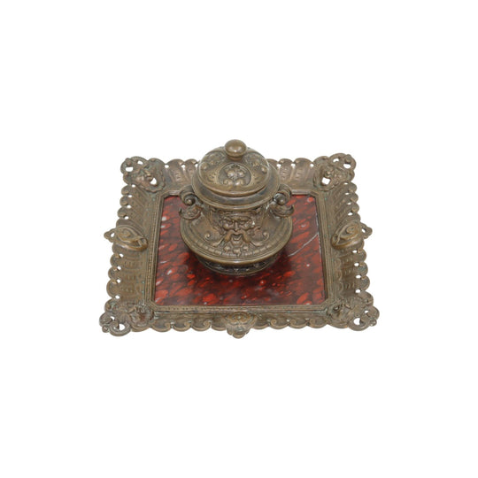 Cast bronze ink stand with rouge marble insert by Ernst Zimmermann of Hanau