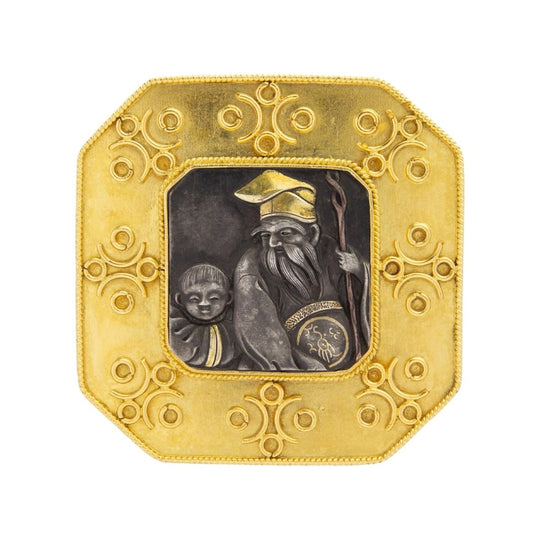 Castellani Brooch in 15kt Gold With Shakudo Plaque