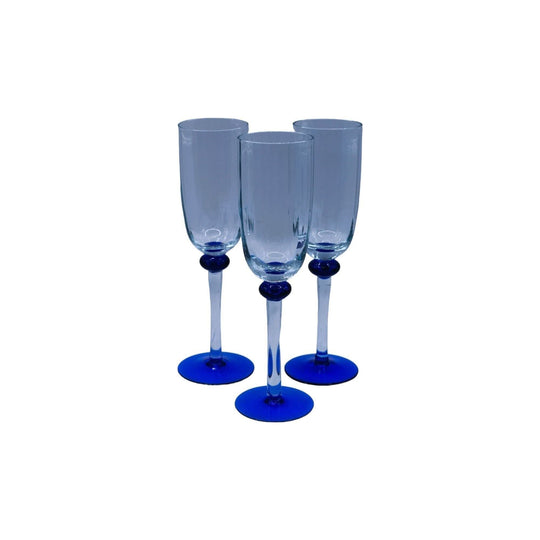 Champagne Flutes with blue foot. set of 3