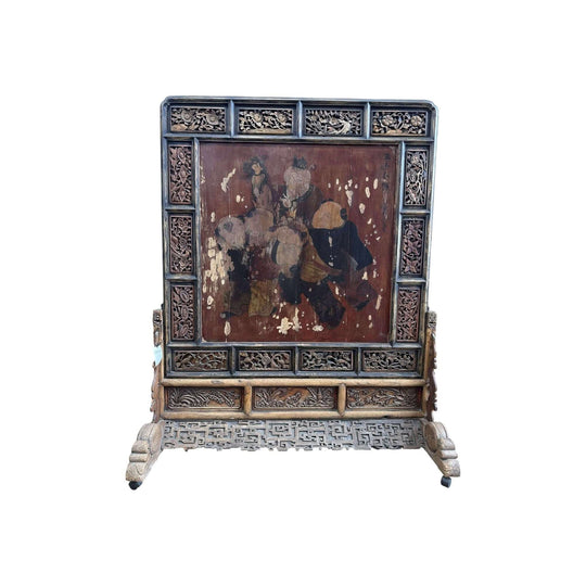 Chinese Antique Elm Screen with Painted Scene & Carvings