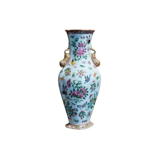 Chinese Cantonese vase, flat profile with foo dog handles, c. 1870