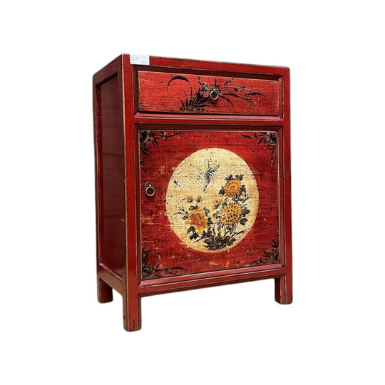 Chinese Red Lacquered Side Cabinet, Floral Motif