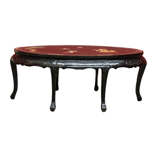 Chinese Round Coffee Table with Mother of Pearl Inlay and Glass Top. B12827