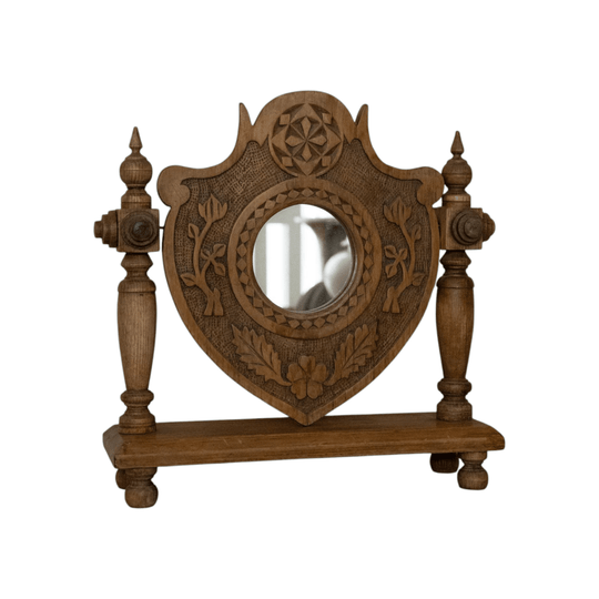 Chip carved wooden table top mirror