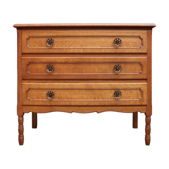 Vintage French Oak 3 Drawer Chest ofDrawers with Brass Handles c1940 B12830