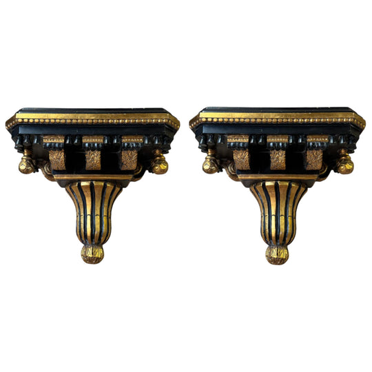 Pair of Vintage Large Neoclassical Black & Gilt Wall Brackets/Shelves
