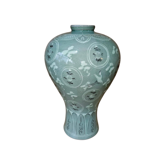 Korean Goryeo Dynasty Style Celadon Flying Crane & Cloud Maebyeong 30cm Vase