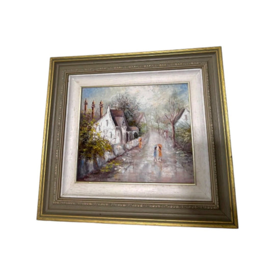 Clare Goodwin ‘Autumn Showers’ Framed Original Oil Painting – Village Street Scene, Signed & Titled Verso