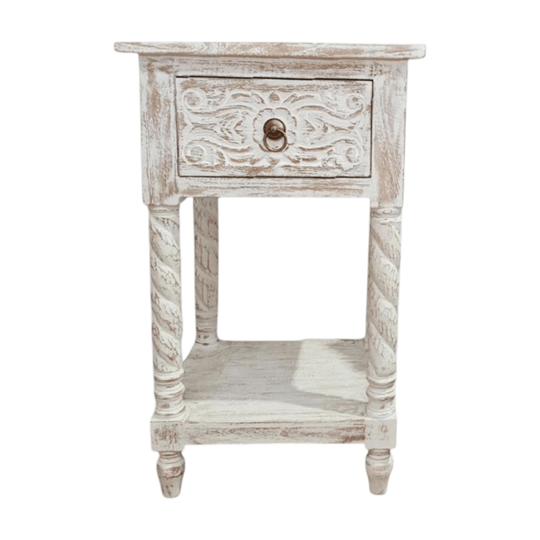 CLASSIC Hand Carved Bedside Table 1 Drawer - Coastal White