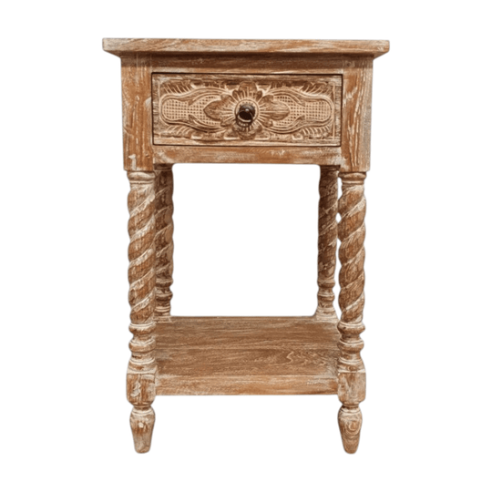 CLASSIC Hand Carved Bedside Table 1 Drawer - Jati Wash