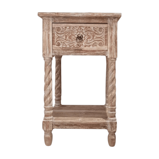 CLASSIC Hand Carved Bedside Table 1 Drawer - Whitewash