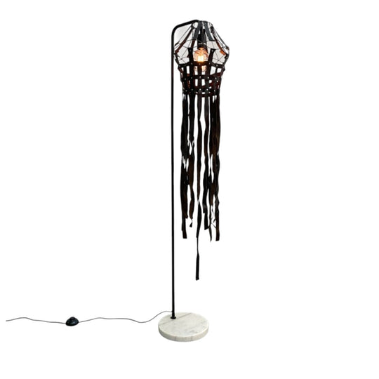 Contemporary Marble Base Lamp with Handmade Leather Strap Shade