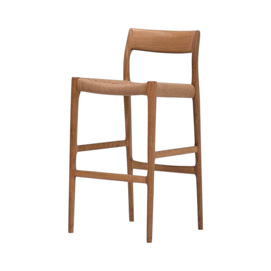 Kirsten Ann Møller for J.L. Møllers 'Model 77B' Bar Stool in Soap Finished Oak and Paper Cord