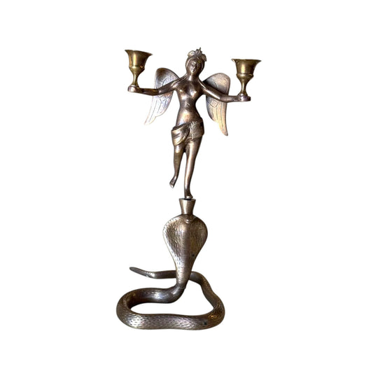 Vintage Indian Brass Cobra & Winged Figure Twin Arm Candlestand