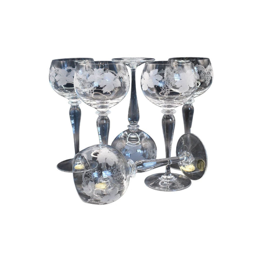 Crystal Hock Etched Grapevine pattern tall stemmed Czech Bohemia Glasses. Set of 6