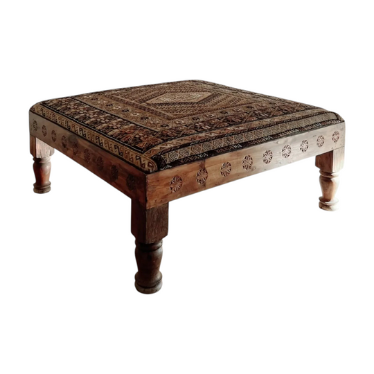 Afghan Textile Ottoman with Carved Teak Frame
