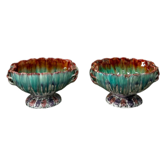 Pair of Italian Fratelli Fanciullacci Majolica Pedestal Bowls 1970s