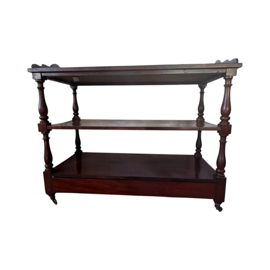 Vintage Mahogany Three-Tier Rolling Tea Cart Buffet Server