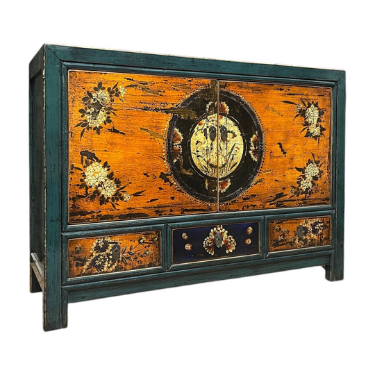 Chinese Teal & Orange Lacquered Cabinet