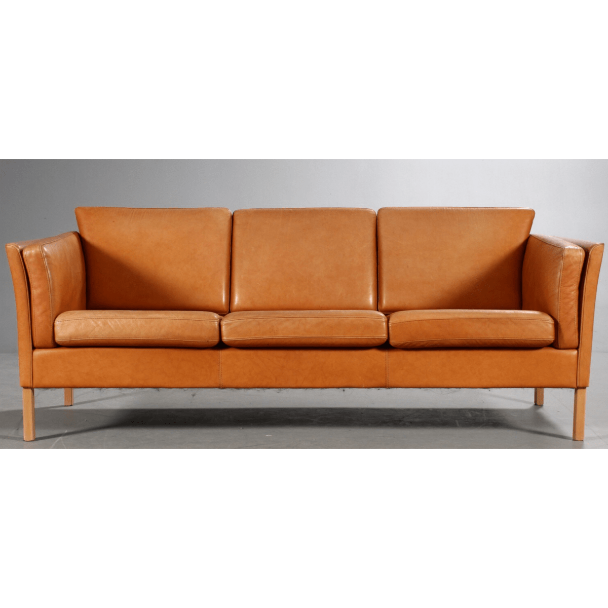 Danish furniture manufacturer. Three-seater sofa, cognac colored leather | Bazaa | Designer, Vintage and Antique Furniture