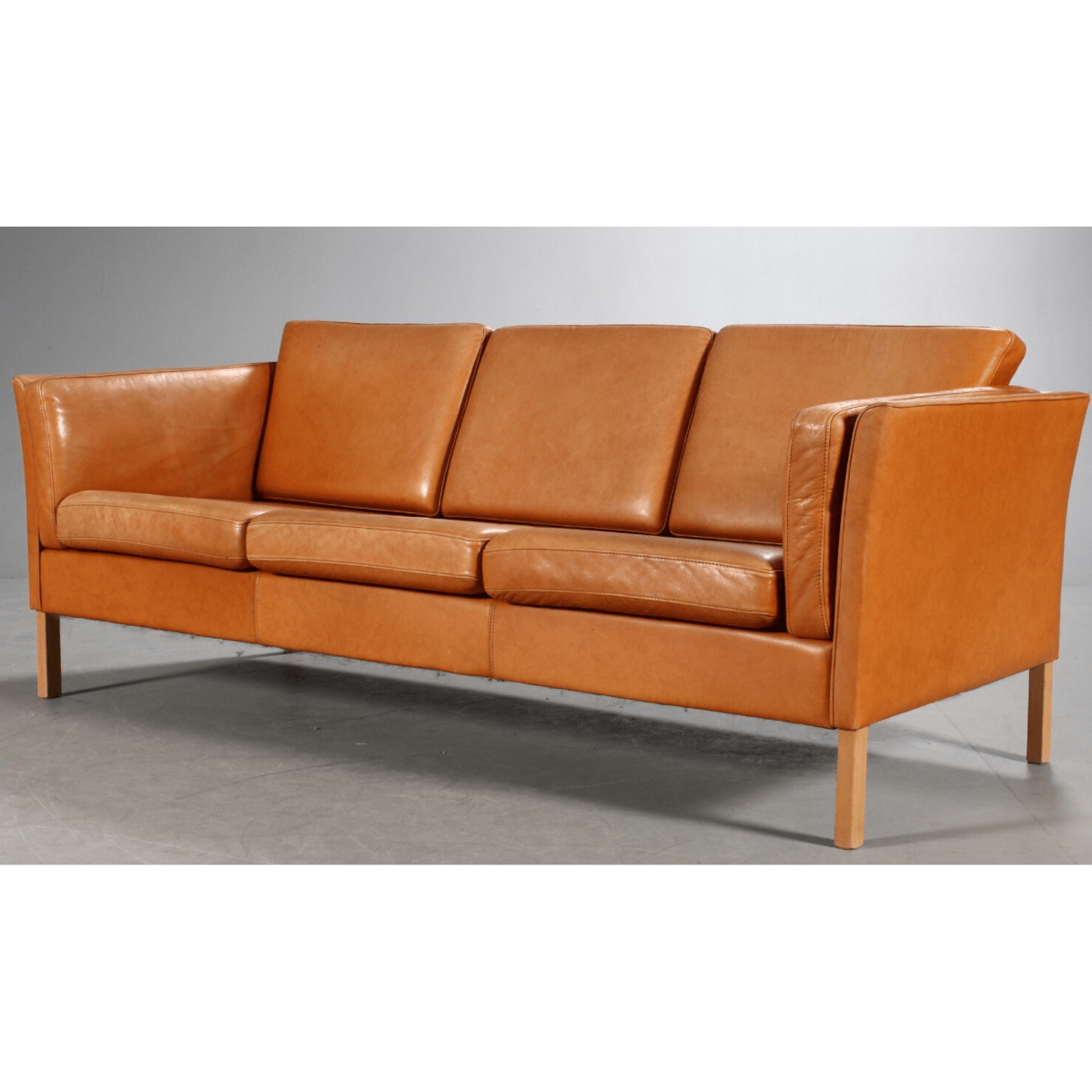 Danish furniture manufacturer. Three-seater sofa, cognac colored leather | Bazaa | Designer, Vintage and Antique Furniture