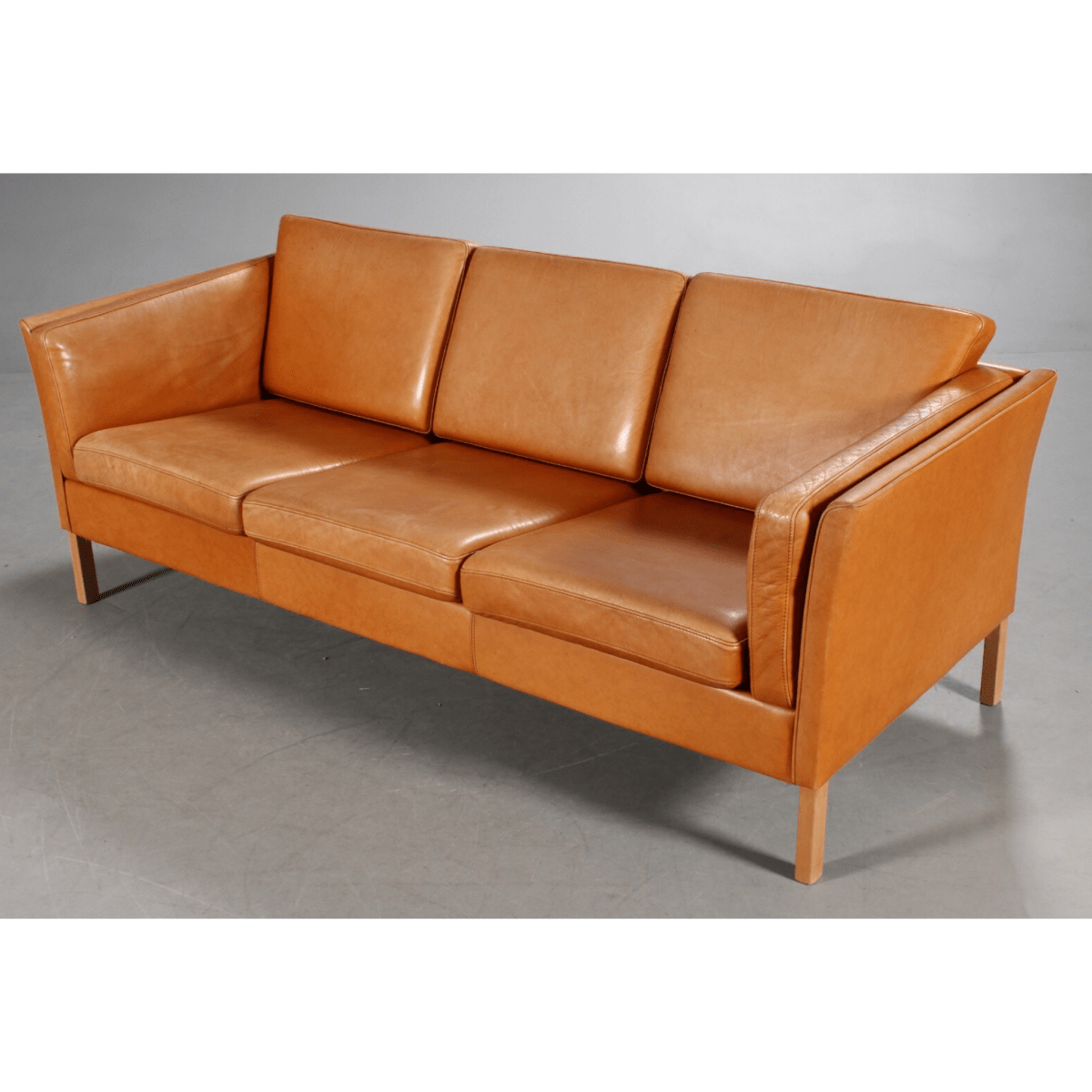 Danish furniture manufacturer. Three-seater sofa, cognac colored leather | Bazaa | Designer, Vintage and Antique Furniture