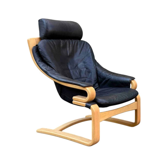 Danish Lounge Chair by Svend Skipper for Skippers Møbler, 1977 — Bent Beechwood, Linen Canvas, Black Leather