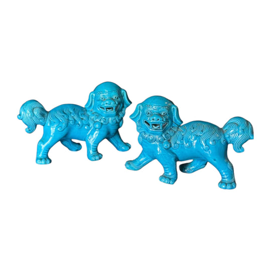 Pair Of Mid 20th Century Chinese Turquoise Glazed Guardian Lions