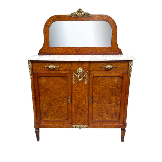 Figured Walnut Marble Top Buffet With Mirror