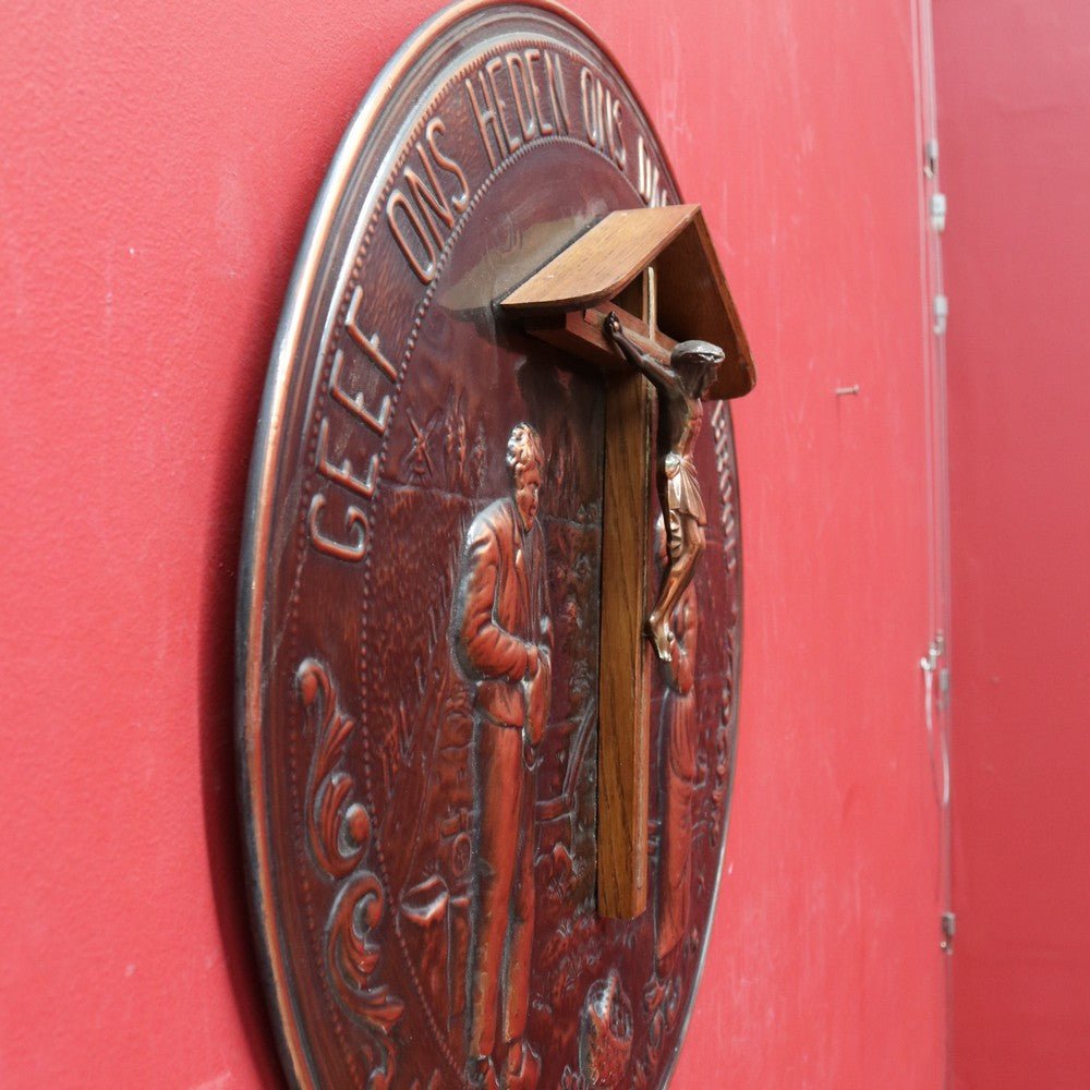 Decorative Dutch Copper Wall Hanging with Religious Scene Crucifix and Inscription. B12858 | Bazaa | Designer, Vintage and Antique Furniture