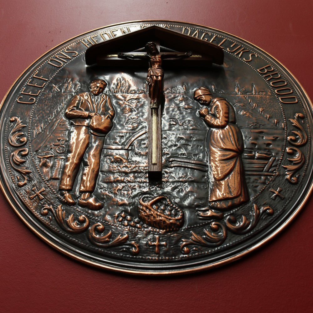 Decorative Dutch Copper Wall Hanging with Religious Scene Crucifix and Inscription. B12858 | Bazaa | Designer, Vintage and Antique Furniture