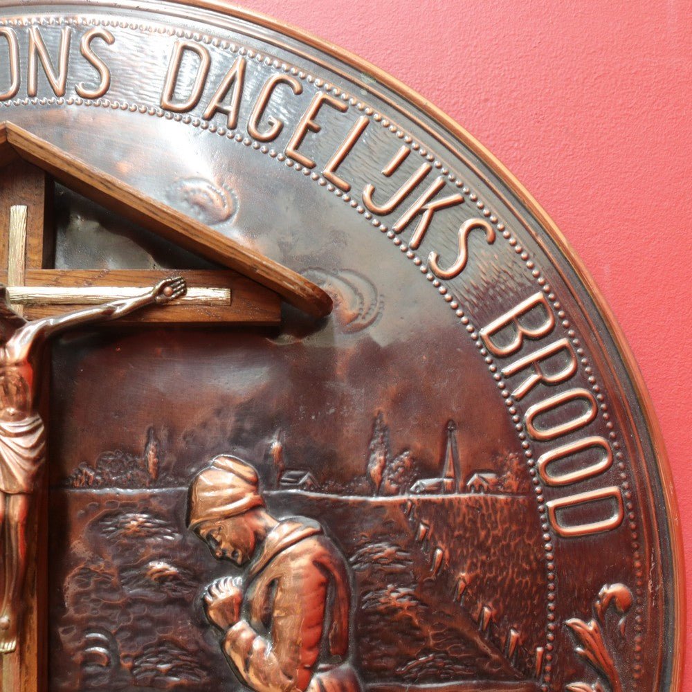 Decorative Dutch Copper Wall Hanging with Religious Scene Crucifix and Inscription. B12858 | Bazaa | Designer, Vintage and Antique Furniture