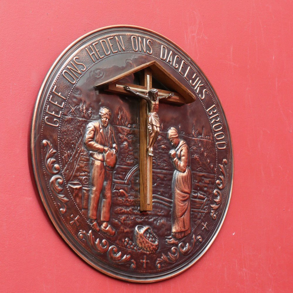 Decorative Dutch Copper Wall Hanging with Religious Scene Crucifix and Inscription. B12858 | Bazaa | Designer, Vintage and Antique Furniture
