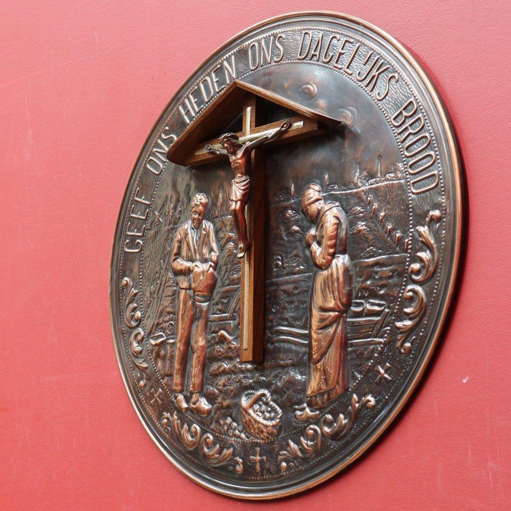 Decorative Dutch Copper Wall Hanging with Religious Scene Crucifix and Inscription. B12858 | Bazaa | Designer, Vintage and Antique Furniture