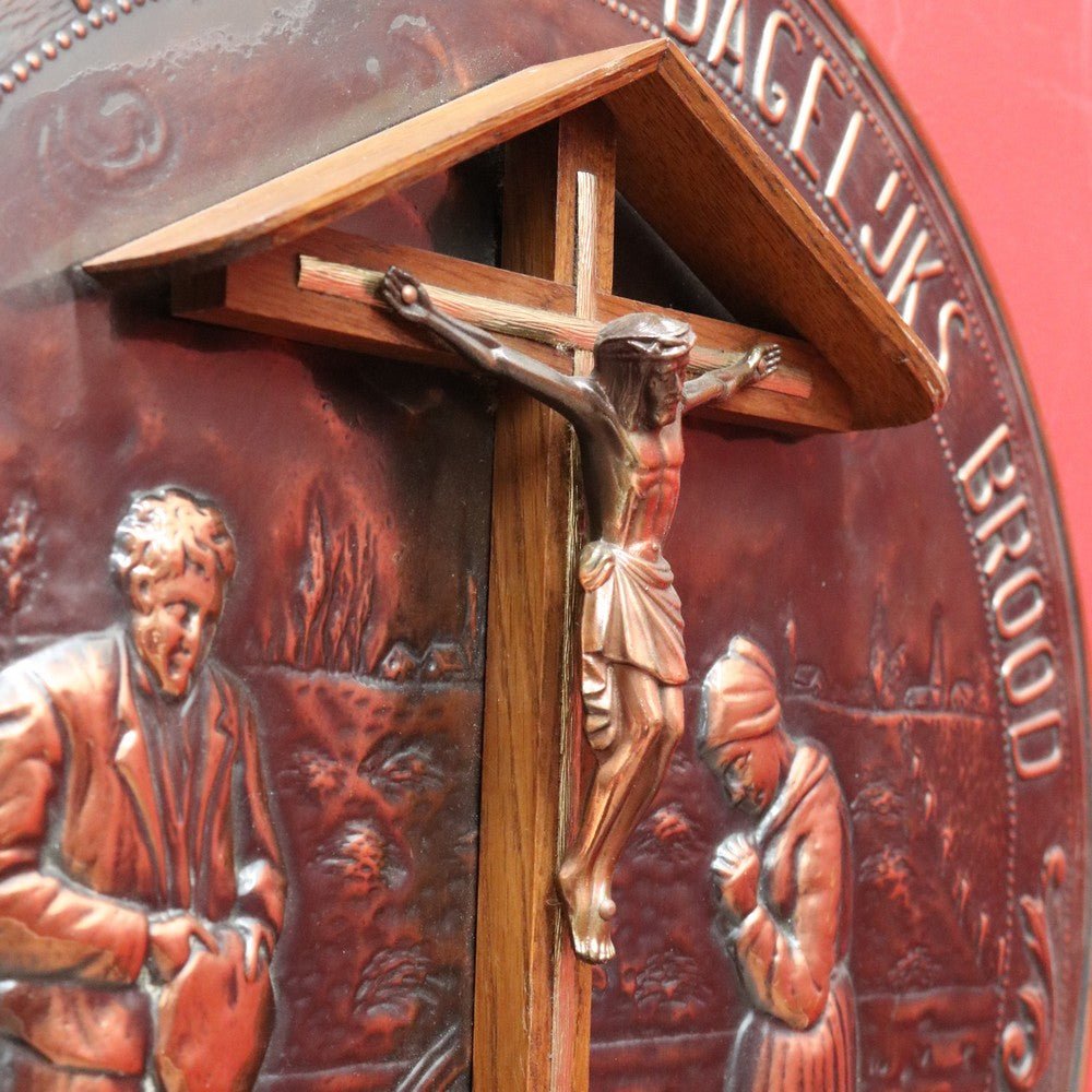 Decorative Dutch Copper Wall Hanging with Religious Scene Crucifix and Inscription. B12858 | Bazaa | Designer, Vintage and Antique Furniture
