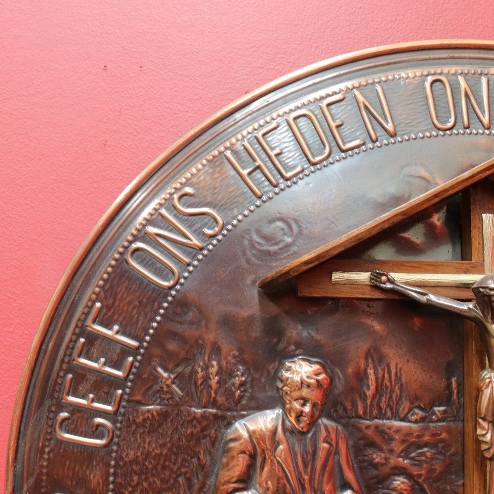 Decorative Dutch Copper Wall Hanging with Religious Scene Crucifix and Inscription. B12858 | Bazaa | Designer, Vintage and Antique Furniture