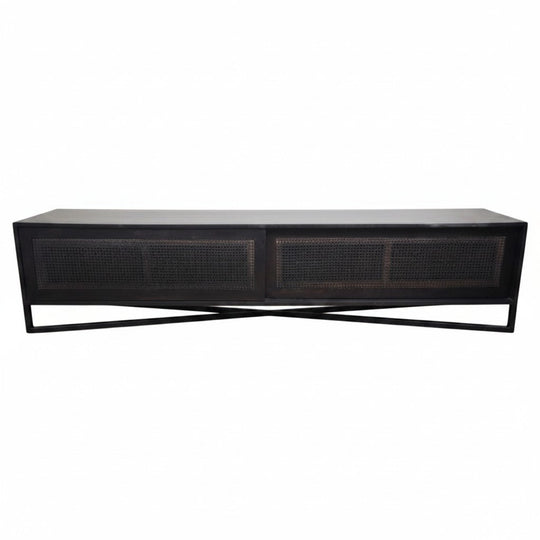 Designer TV Lowline Black with Rattan Front Sliding Doors