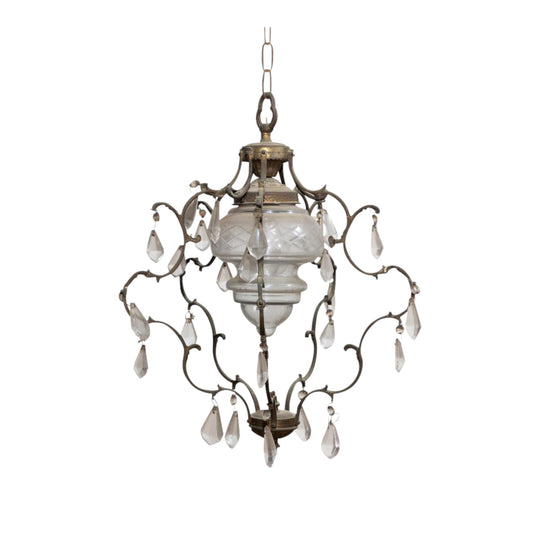 French 19th-Century Bronze Single-Light Chandelier with Crystal Drops