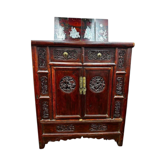 Antique Chinese Carved Wooden Cabinet with Floral Design
