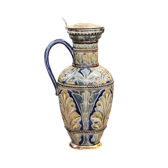 Doulton Lambeth salt glazed jug with silver plated lid by LA c.1881